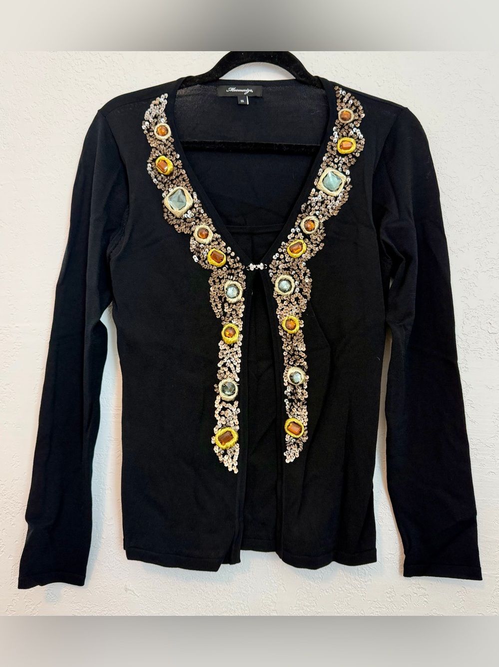 Embellished Black Cardigan Sweater with Gem Accents